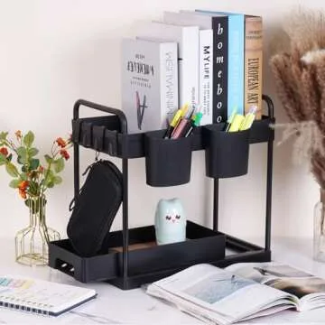 2 Pack Under Kitchen Sink Organizers Storage, 2-Tier Sliding Under Bathroom Cabinet Storage Drawer Organizer with Hooks, Hanging Cup, Handles, multi-purpose Under Sink Shelf Organizer, Black