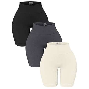 OQQ Women's 3 Pack High Waisted Yoga Ribbed Seamless Tummy Control Workout Athletic Shorts, Black Grey Beige, Large