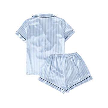LYANER Women's Striped Silky Satin Pajamas Short Sleeve Top with Shorts Sleepwear PJ Set Light Blue ...