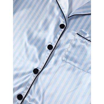 LYANER Women's Striped Silky Satin Pajamas Short Sleeve Top with Shorts Sleepwear PJ Set Light Blue Medium