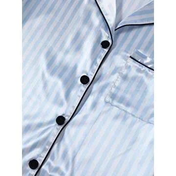 LYANER Women's Striped Silky Satin Pajamas Short Sleeve Top with Shorts Sleepwear PJ Set Light Blue Medium