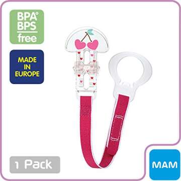 MAM Animal Design Collection Pacifier Clip (1-Pack), Clip for Pacifiers with Fastener and Flexible Ring, Baby Pacifier Clip for Girls, Designs May Vary