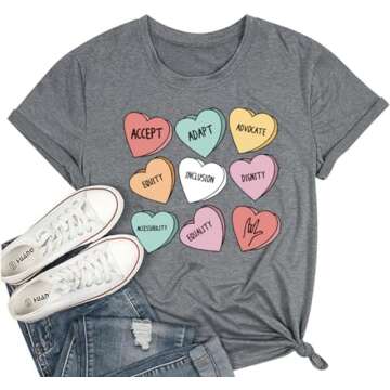 Valentines Shirts for Women Cute Love Heart Graphic Tees Short Sleeve Teacher Gift Tops (Heart, L)