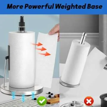 DAWNER Standing Paper Towel Holder with Spray Bottle, Weighted Base with Suction Cups, Paper Towel Stand with Spring-Loaded Arm for Kitchen, Countertop, Stainless Steel Brushed Nickel Finish