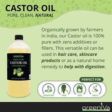 GreenIVe Castor Oil Organically Grown 100% Pure 32oz Bottle Cold Pressed, Hexane Free, Eyelash and Eyebrow Growth Serum, Skin Moisturizer Detox and Wraps