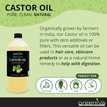 GreenIVe Castor Oil Organically Grown 100% Pure 32oz Bottle Cold Pressed, Hexane Free, Eyelash and Eyebrow Growth Serum, Skin Moisturizer Detox and Wraps