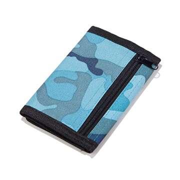 Leyeve wallet,Teen Wallet with Coin Pocket,Kids Wallets for Boys,RFID Trifold Canvas Outdoor Sports Wallet for Kids,Front Pocket Wallet with Magic Sticker-Blue camo