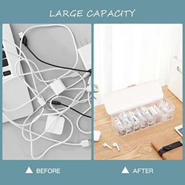 Yesesion Plastic Cable Management Box with Lid and 10 Wire Ties, Portable Clear Cell Phone Cord Storage Organizer with 8 Compartments, Electronics Accessories Case for Office, Desk Drawer (White)