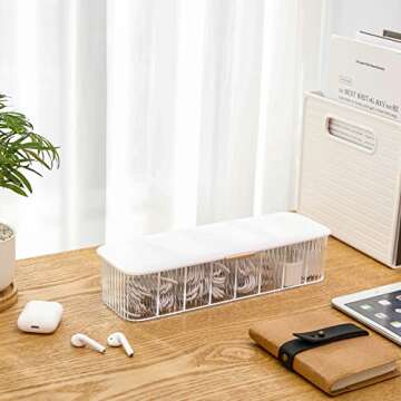 Yesesion Plastic Cable Management Box with Lid and 10 Wire Ties, Portable Clear Cell Phone Cord Storage Organizer with 8 Compartments, Electronics Accessories Case for Office, Desk Drawer (White)