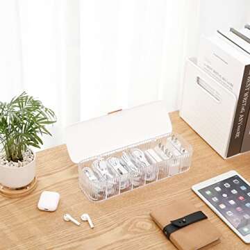 Yesesion Plastic Cable Management Box with Lid and 10 Wire Ties, Portable Clear Cell Phone Cord Storage Organizer with 8 Compartments, Electronics Accessories Case for Office, Desk Drawer (White)