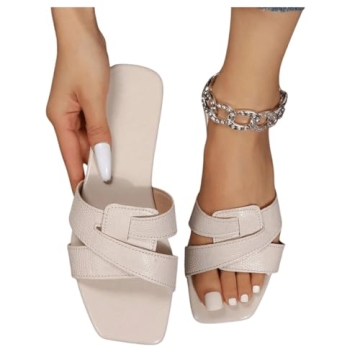 GORGLITTER Women's Cross Strappy Flat Sandals Colorblock Twist Band Slide Sandals Summer Open Toe Slides Slippers Beige 7