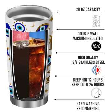 ATHAND Evil Eyes Coffee Mug Insulated Tumblers Cup with Lid 20 oz | Stainless Steel Vacuum Tumbler Travel Iced Coffee Mugs | Best Birthday Mothers Day Gifts For Women Mom (Evil Eye)