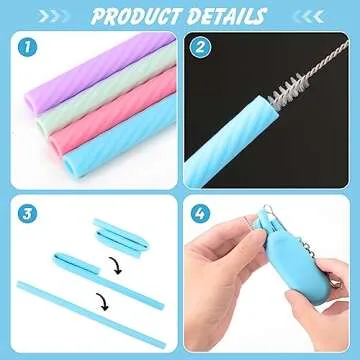 cobee 4 Sets Reusable Silicone Straws Kit, Foldable Drinking Straws, Portable Straws Colorful Storage Box with Keychain for Travel, Straws Deep Cleaning Brush for Bubble Tea, Cold/Hot Drinks