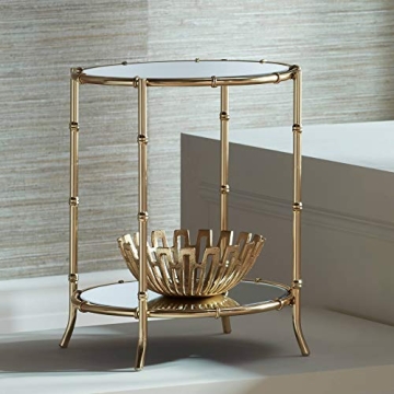 Studio 55D Macau Modern Glam Metal Faux Bamboo Low Round Accent Table 18" Wide Gold Mirrored Top and Bottom Shelf for Spaces Living Room Bedroom Bedside Entryway Home House Balcony Office