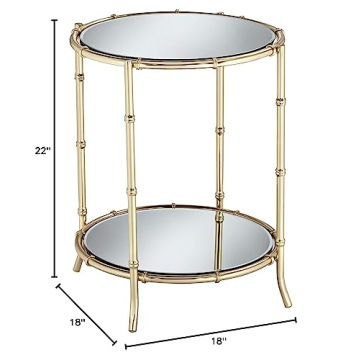 Studio 55D Macau Modern Glam Metal Faux Bamboo Low Round Accent Table 18" Wide Gold Mirrored Top and Bottom Shelf for Spaces Living Room Bedroom Bedside Entryway Home House Balcony Office