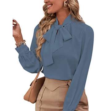 Elegant Bow Tie Chiffon Blouse for Women in Dusty Blue