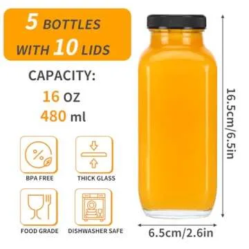 CUCUMI 5pcs 16oz Glass Juice Bottles with Lids, Reusable Juice Containers Drinking Jars Water Cups w...
