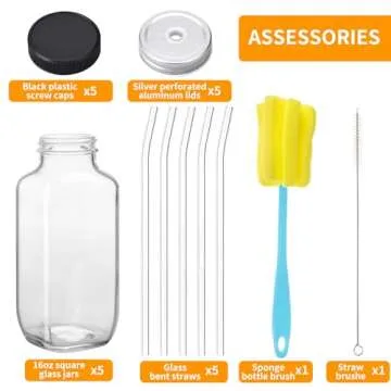 CUCUMI 5pcs 16oz Glass Juice Bottles with Lids, Reusable Juice Containers Drinking Jars Water Cups with Brush, Glass Straws, Lids with Hole