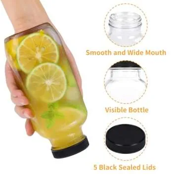 CUCUMI 5pcs 16oz Glass Juice Bottles with Lids, Reusable Juice Containers Drinking Jars Water Cups with Brush, Glass Straws, Lids with Hole