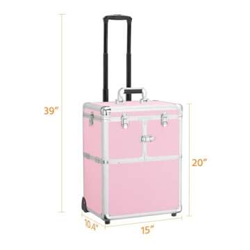 Yaheetech Professional Makeup Train Case Travel Makeup Trolley Rolling Cosmetic Case Beauty Train Case Beauty Organizer, Pink
