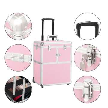 Yaheetech Professional Makeup Train Case Travel Makeup Trolley Rolling Cosmetic Case Beauty Train Case Beauty Organizer, Pink