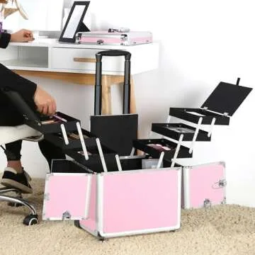 Yaheetech Pink Professional Makeup Train Case - Rolling Organizer