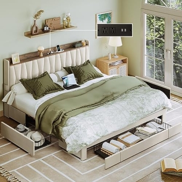 ANCTOR King Size Bed Frame with Storage & Charging Station - Easy Assembly