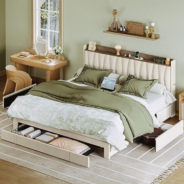 ANCTOR King Size Storage Bed Frame with Charging Station