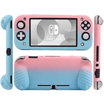 Cybcamo Grip Case for Nintendo Switch Lite, Silicone Protective Cover with Ergonomic Handles [Stands on Its Own] [2 Sets of Thumb Stick Caps] (Pink & Blue)