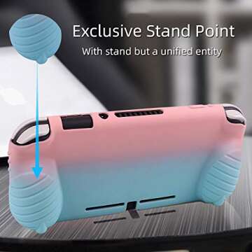 Cybcamo Grip Case for Nintendo Switch Lite, Silicone Protective Cover with Ergonomic Handles [Stands on Its Own] [2 Sets of Thumb Stick Caps] (Pink & Blue)