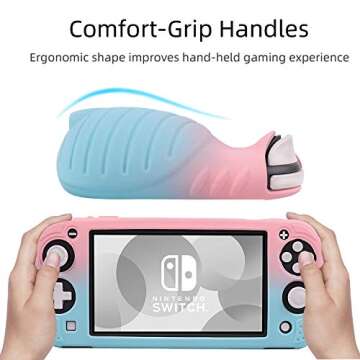 Cybcamo Grip Case for Nintendo Switch Lite, Silicone Protective Cover with Ergonomic Handles [Stands on Its Own] [2 Sets of Thumb Stick Caps] (Pink & Blue)