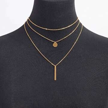 LETTARIUS Disc Bar Pendant Layering Collar Necklace Gold Cute Charm Multi Layered Chain Choker Fashi...