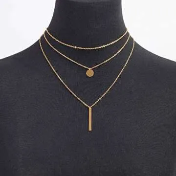 LETTARIUS Disc Bar Pendant Layering Collar Necklace Gold Cute Charm Multi Layered Chain Choker Fashi...