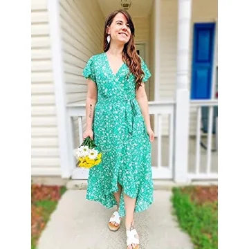 ZESICA Floral Printed Wrap Midi Dress for Women