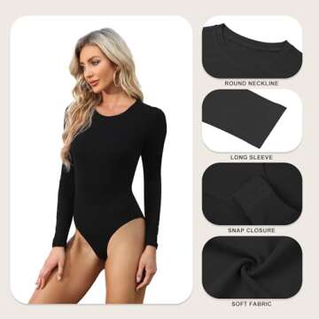 CE' CERDR 5 Pack Long Sleeve Bodysuit for Women Round Neck Casual Stretchy Basic Shirts Crew Neck Body Suits Tops