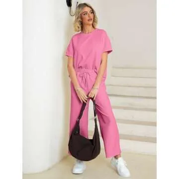Glamaker Womens 2 Piece Summer Sets Oversized T Shirts Wide Leg Pants Two Piece Sweatsuits Tracksuit Set Casual Loungewear Pink S