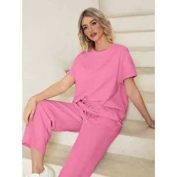 Glamaker Womens 2 Piece Summer Sets Oversized T Shirts Wide Leg Pants Two Piece Sweatsuits Tracksuit Set Casual Loungewear Pink S