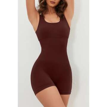 QINSEN Women Bodycon Rompers Seamless Stretch Sleeveless Going Out Short Jumpsuit Bronw L Brown Brown
