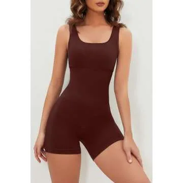 QINSEN Women Bodycon Rompers Seamless Stretch Sleeveless Going Out Short Jumpsuit Bronw L Brown Brown