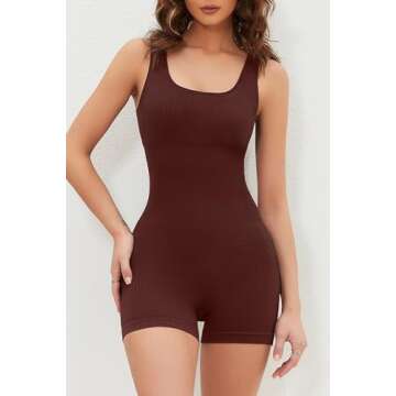 QINSEN Women Bodycon Rompers Seamless Stretch Sleeveless Going Out Short Jumpsuit Bronw L Brown Brown