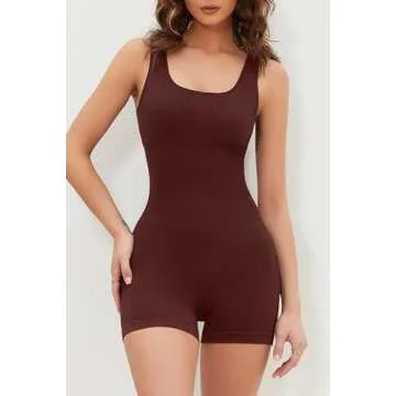 QINSEN Women Bodycon Rompers Seamless Stretch Sleeveless Going Out Short Jumpsuit Bronw L Brown Brown