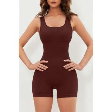 QINSEN Women Bodycon Rompers Seamless Stretch Sleeveless Going Out Short Jumpsuit Bronw L Brown Brown