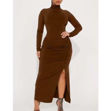 HOCILLE Women's Sexy Long Sleeve Bodycon Casual Turtleneck Party Ruched Slit Maxi Dress, Large, Coffee