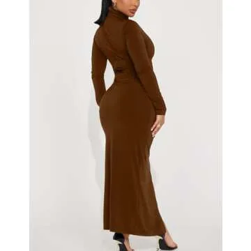 HOCILLE Women's Sexy Long Sleeve Bodycon Casual Turtleneck Party Ruched Slit Maxi Dress, Large, Coffee