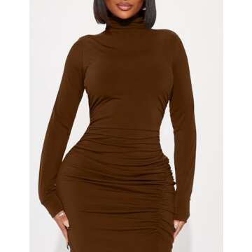 HOCILLE Women's Sexy Long Sleeve Bodycon Casual Turtleneck Party Ruched Slit Maxi Dress, Large, Coffee