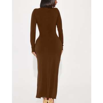 HOCILLE Women's Sexy Long Sleeve Bodycon Casual Turtleneck Party Ruched Slit Maxi Dress, Large, Coffee