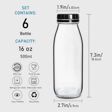 YEBODA 16oz Glass Milk Bottle with Plastic Tamper-proof Caps (6 Pack) Vintage Reusable Dairy Drinking Containers, Glass Bottles for Milk, Juice,Yogurt, Smoothies, Honey, Tomato Sauce, Jam, Syrup