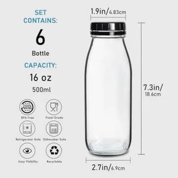 YEBODA 16oz Glass Milk Bottle with Plastic Tamper-proof Caps (6 Pack) Vintage Reusable Dairy Drinking Containers, Glass Bottles for Milk, Juice,Yogurt, Smoothies, Honey, Tomato Sauce, Jam, Syrup