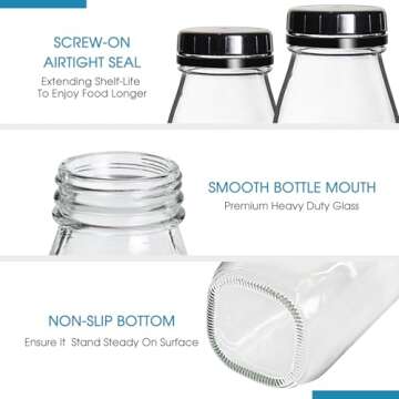 YEBODA 16oz Glass Milk Bottle with Plastic Tamper-proof Caps (6 Pack) Vintage Reusable Dairy Drinking Containers, Glass Bottles for Milk, Juice,Yogurt, Smoothies, Honey, Tomato Sauce, Jam, Syrup