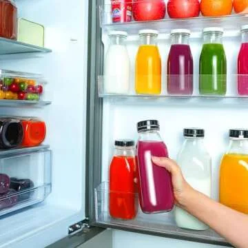 YEBODA 16oz Glass Milk Bottle with Plastic Tamper-proof Caps (6 Pack) Vintage Reusable Dairy Drinking Containers, Glass Bottles for Milk, Juice,Yogurt, Smoothies, Honey, Tomato Sauce, Jam, Syrup